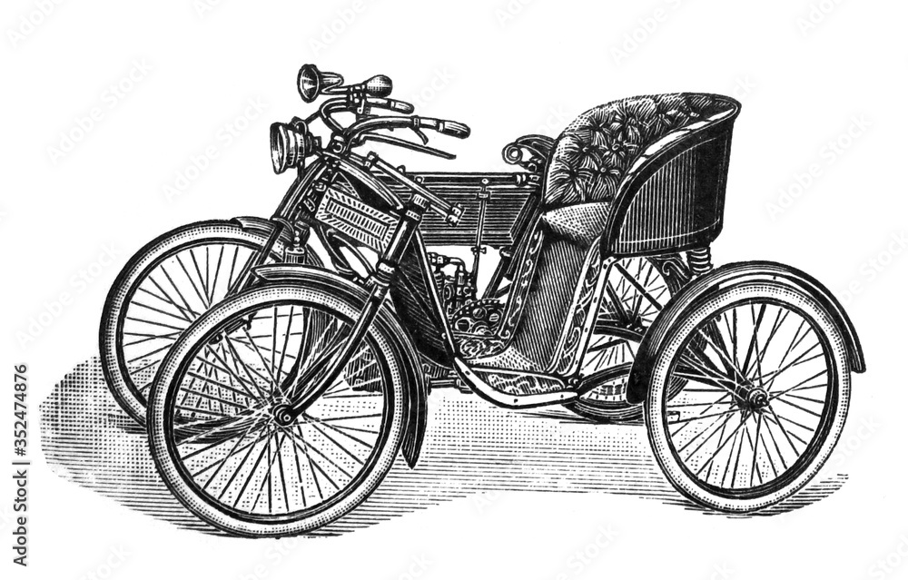 Antique motorcycle sidecar/ Antique engraved illustration from Brockhaus Konversations-Lexikon 1908
Antique motorcycle sidecar/ Antique engraved illustration from Brockhaus Konversations-Lexikon 1908