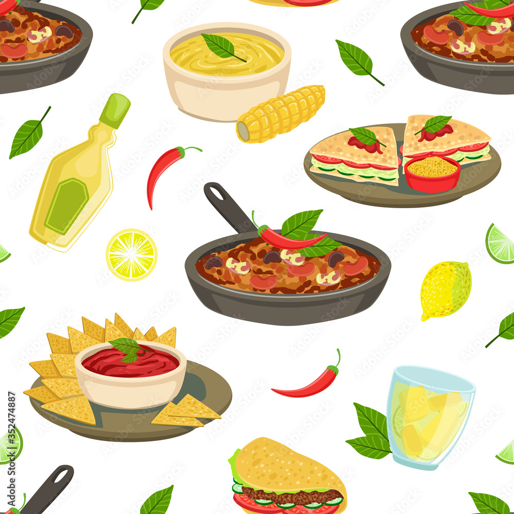 Mexican Traditional Food Seamless Pattern, Takeaway Meal, Restaurant or Cafe Menu Design Element Can Be Used for Wallpaper, Packaging, Background Vector Illustration Mexican Traditional Food Seamless Pattern, Takeaway Meal, Restaurant or Cafe Menu Design Element Can Be Used for Wallpaper, Packaging, Background Vector Illustration