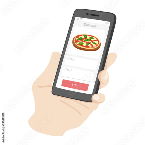 スマホでピザのデリバリーを注文するイラスト。