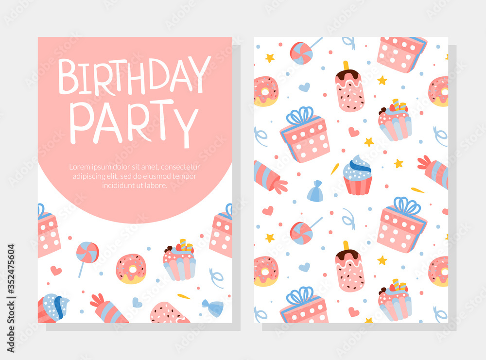 Birthday Party Invitation Card Template with Sweets and Desserts Seamless Pattern Cartoon Vector Illustration