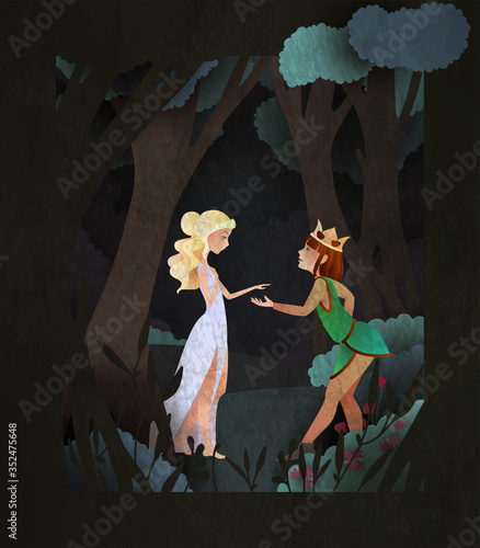 Prince and Princes fairy tale book cover illustration. Couple of character in fron of magic forest.