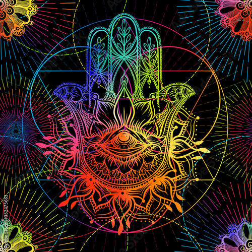 Seamless pattern with ornate hand drawn hamsa. Popular Arabic and Jewish amulet. Vector illustration. Vector illustration in neon, fluorescent colors.