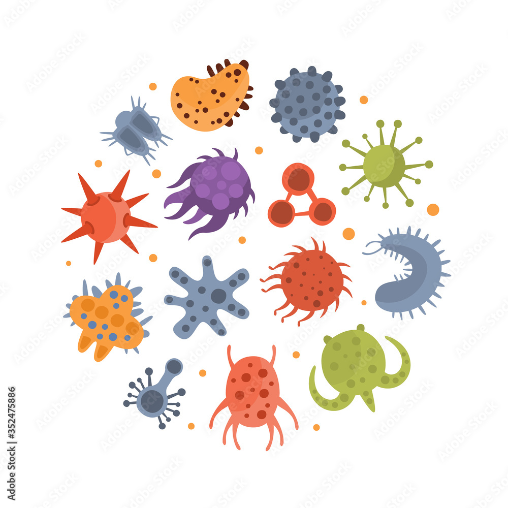 Various Microorganisms of Round Shape, Funny Germs, Viruses and Microbes Characters, Design Element Can Be Used for Wallpaper, Packaging, Background Cartoon Vector Illustration Various Microorganisms of Round Shape, Funny Germs, Viruses and Microbes Characters, Design Element Can Be Used for Wallpaper, Packaging, Background Cartoon Vector Illustration