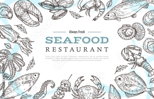 Sketch seafood banner. Drawing fish crab lobster salmon. Restaurant cafe menu vintage poster or flyer. Ocean food market vector background. Illustration seafood sketch, ocean food fish