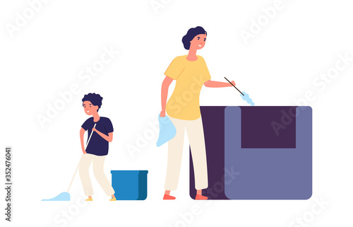 Washing floor. Remove dust, home cleaning. Family spend time together. Mother and son doing housework with equipment vector illustration. Housewife housekeeping, domestic housekeeper