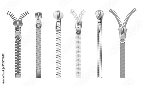 Silver zippers. Isolated realistic metal pull. Cloth fasteners, accessories for jeans, bags, coats and boots. Garments elements vector set. Fastener zip and accessories lock metal illustration photo