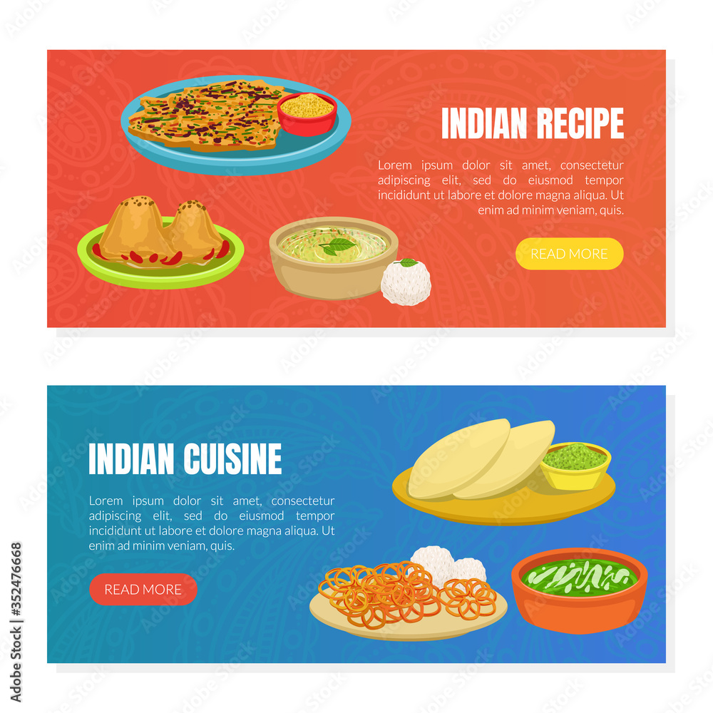 Indian Cuisine and Recipes Landing Page Templates Set, Traditional Asian Tasty Dishes, Ordering Online Service, Takeaway Meal, Tasty Recipes Vector Illustration Indian Cuisine and Recipes Landing Page Templates Set, Traditional Asian Tasty Dishes, Ordering Online Service, Takeaway Meal, Tasty Recipes Vector Illustration