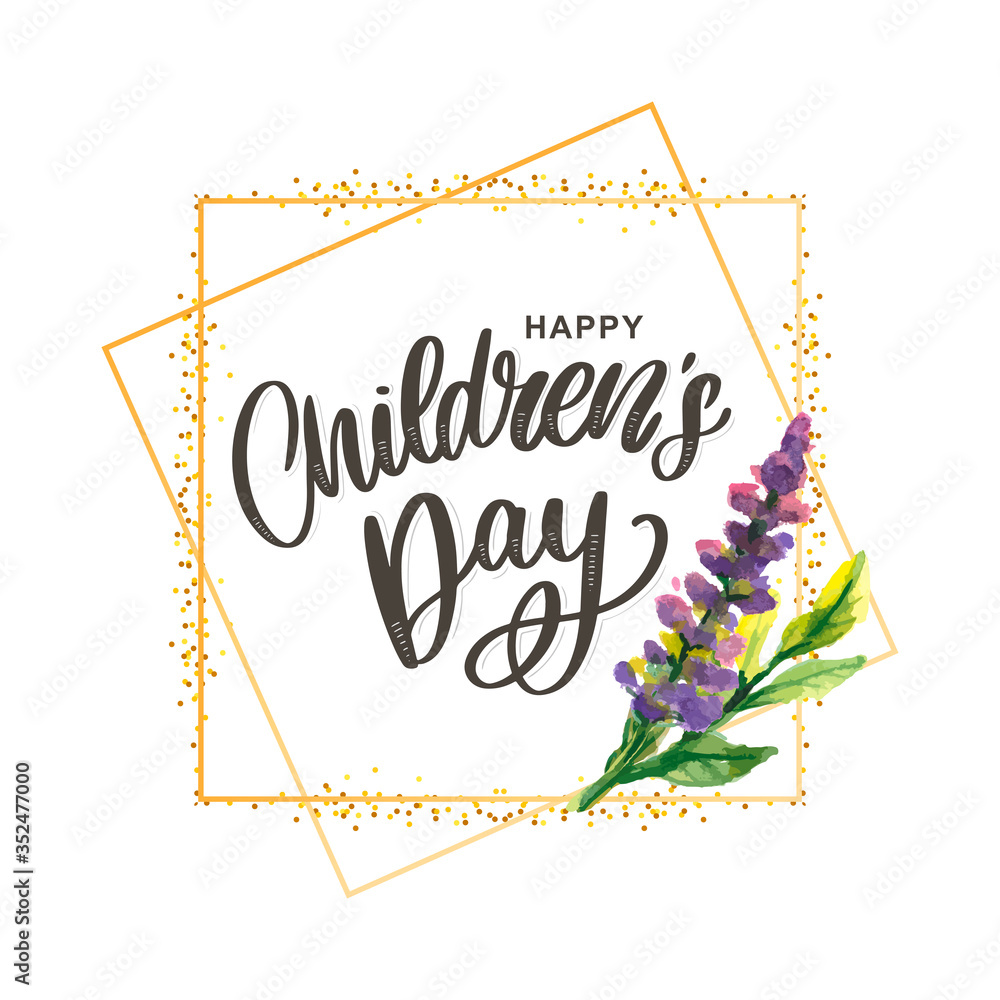 happy children's day, cute vector greeting card with funny letters in scandinavian style and cartoon landscape happy children's day, cute vector greeting card with funny letters in scandinavian style and cartoon landscape