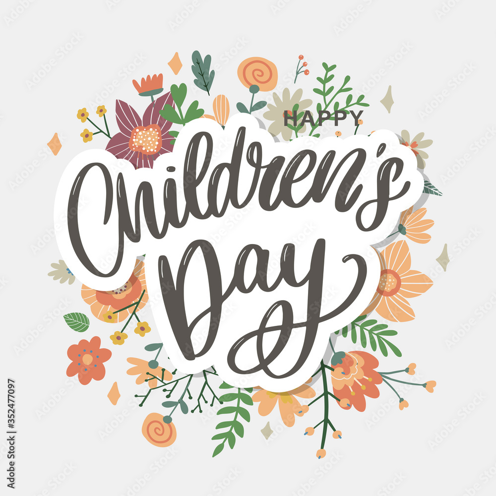 happy children's day, cute vector greeting card with funny letters in scandinavian style and cartoon landscape