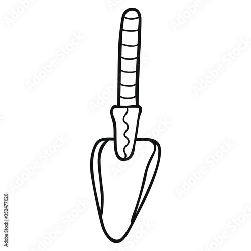 Hand-drawn black and white garden scoop for planting a plant. Striped stylized horticultural doodle isolated. Vector.