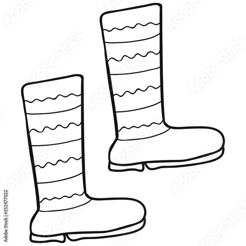 Black and white hand-drawn rubber boots with wavy and straight stripes. Isolated doodle. Coloring page. Shoes for gardening, autumn, forest. Vector.