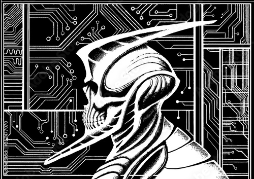 Space paratrooper, cyborg, alien, droid, humanoid with bare skull in a helmet, with a long, pointed chin and crest on his head, in biomechanical armor, with microcircuit on background, in a frame.
