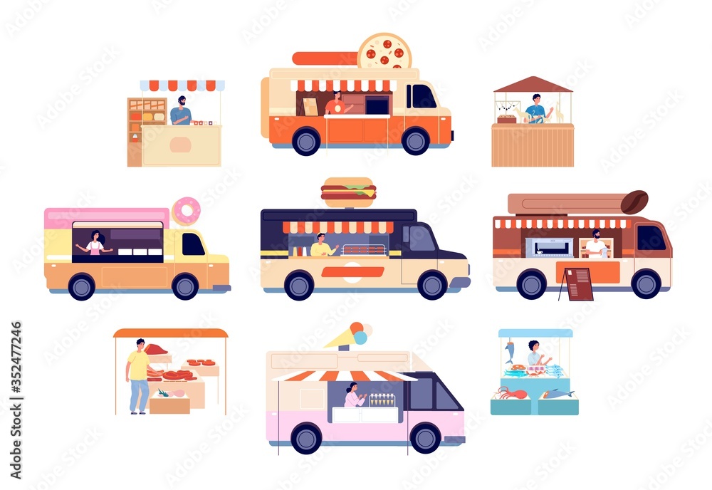 Fototapeta premium Food truck. Tasty snacks transport, isolated street vans with drinks menu and eat. Flat counter and fast food burgers pickup vector set. Food snack and truck fast food illustration collection