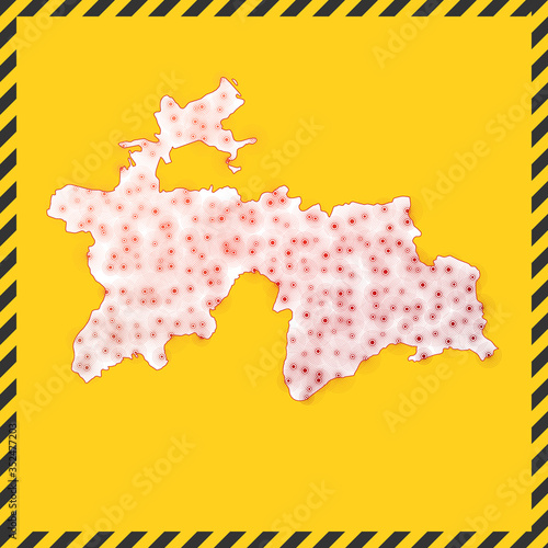 Tajikistan closed - virus danger sign. Lockdown country icon. Black striped border around map with virus spread concept. Vector illustration.