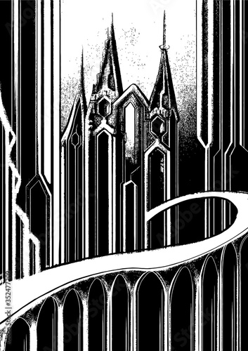 Architectural abstraction, fairytale background, magic, mystical castle with sharp high towers, with arch and long smooth bridge, on high supports, black and white graphic, with vertical lines.