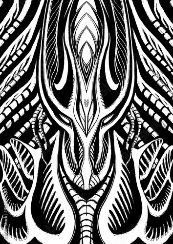 Cosmic, biomechanical, intelligent creature, alien in armor, with big outstretched head and light in the head, with different mechanisms and cables on the body, and instrumentation in the background.