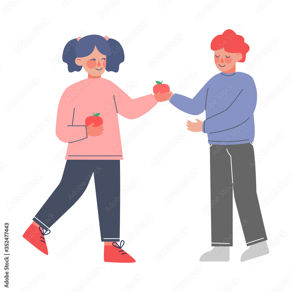 Girl Sharing Apples with Her Friend, Polite and Kind Kids, Good Manners Concept Vector Illustration Girl Sharing Apples with Her Friend, Polite and Kind Kids, Good Manners Concept Vector Illustration