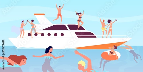 Yacht cruise. Luxury men wine party on boat. Outdoor vacation sexy professional models. Yachting, friends relax on ship vector illustration. Yacht sea, ship boat summertime, adventure transportation