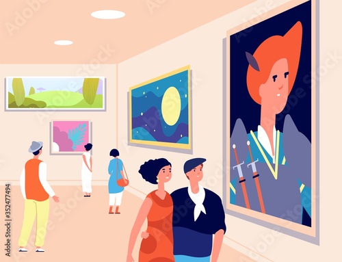 Art museum. Modern artist exhibition, contemporary gallery. People looking at artistic paintings. Excursions exposition vector illustration. Excursion and exhibition, people in gallery with picture