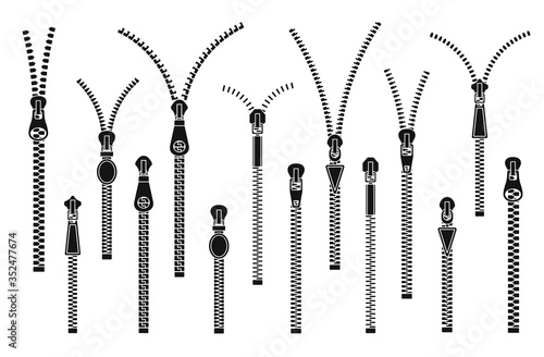 Open closed zippers. Fashion zip silhouette. Flat connect decorative pullers, isolated clasps for clothing apparel or tailor shop vector set. Silhouette black zip to clothing illustration
