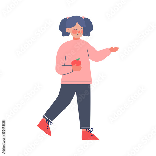 Cute Little Girl Holding Red Apple while Walking Vector Illustration