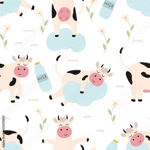 Seamless pattern with a cow in clouds and chamomile flowers on a white background. Vector illustration for printing on fabric, packaging paper, packaging with dairy products
