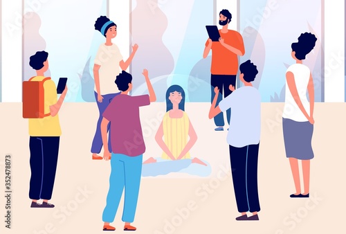 Isolated woman. Introvert vs extravert, mental calm and meditation. Girl in bubble and people around. Separation from social environment vector illustration. Character in bubble emotional illustration
