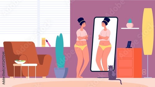 Upset girl. Woman in living room in front mirror. Sad overweight girl looks himself, shyness overweight problem. Girl in living room vector illustration. Woman body reflection overweight