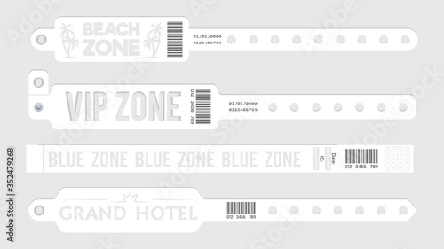 White event bracelets. Party entrance tickets, wristband mockup. Paper music sport open air bracelet vector set. Bracelet identity, admission and identification, entrance wristband illustration