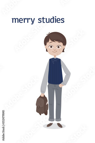 A cute standing school boy with a brown hair and a schoolbag in his hand in a gray jeans and blue waistcoat. Vector cartoon illustration. Isolated on the white background