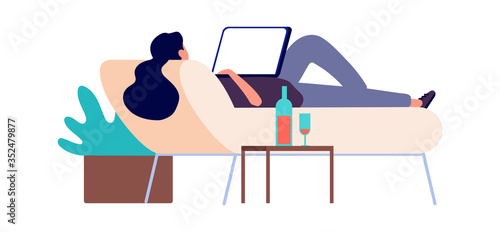 Woman with laptop. Isolation period girl surfing internet. Online chat, freelance work. Flat female with notebook and wine on sofa vector illustration. Woman with laptop, workplace self-isolation