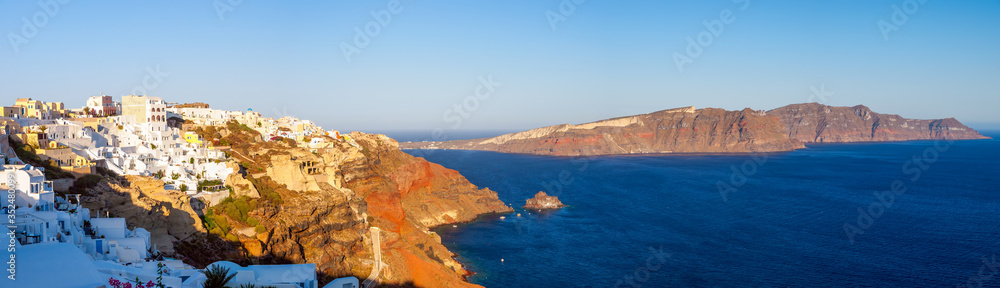 panorama sea view on Traditional white cave house on Santorini island. Santorini, Cyclades, Greece