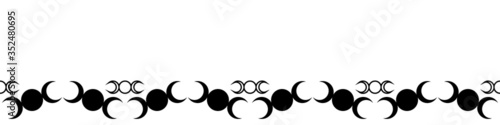 Border seamless repeating pattern of the Triple Moon symbol icon with a star at the centre and moon phase design.  Black and white vector illustration. Surface pattern design.