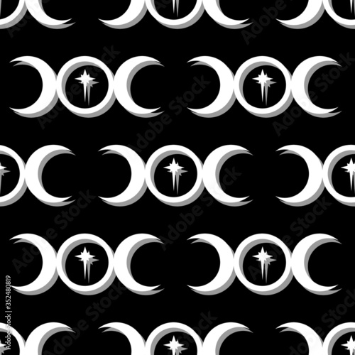 Seamless repeating pattern of the Triple Moon symbol icon with a star at the centre.  Black background with white and gray vector illustration surface pattern design.