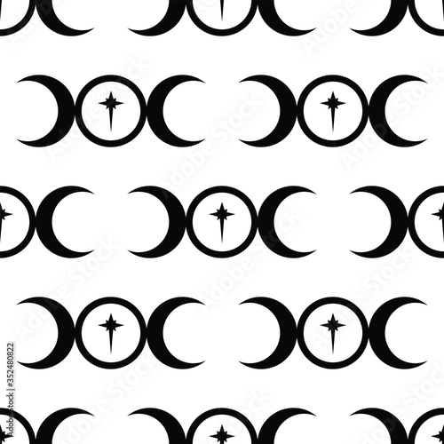 Seamless repeating pattern of the Triple Moon symbol icon with a star at the centre.  Black and white vector illustration. Elegant fabric on light background Surface pattern design.