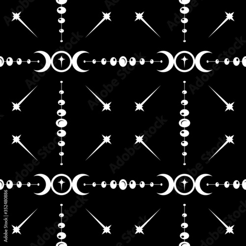 Seamless repeating pattern of the Triple Moon symbol icon with a star at the centre and moon phase design.  Black and white vector illustration. Surface pattern design.