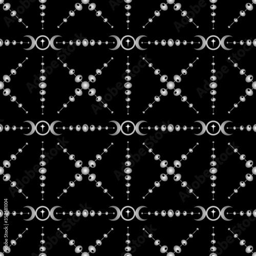 Seamless repeating pattern of the Triple Moon symbol icon with a star at the centre and moon phase design.  Black and white vector illustration. Surface pattern design.
