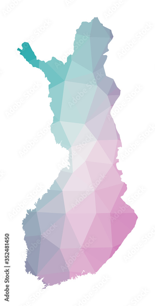 Polygonal map of Finland. Geometric illustration of the country in emerald amethyst colors. Finland map in low poly style. Technology, internet, network concept. Vector illustration.