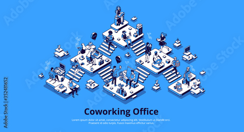 Coworking office isometric landing page. Business center interior, workplace with people work on computers, gadgets and relax. Area for teamwork, freelance 3d vector illustration, line art, web banner