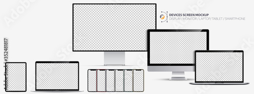 Device screens mockup. Display, Monitor, Laptop pro and thin, tablet and smartphone all colors with blank screens for you design. Realistic vector illustration EPS10