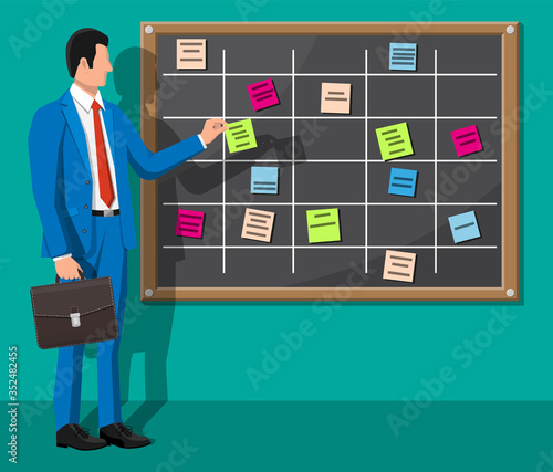 Scrum agile board and businessman. Bulletin board hanging on wall full of tasks on sticky note cards. List of event for employee. Development, team work, agenda, to do list. Flat vector illustration