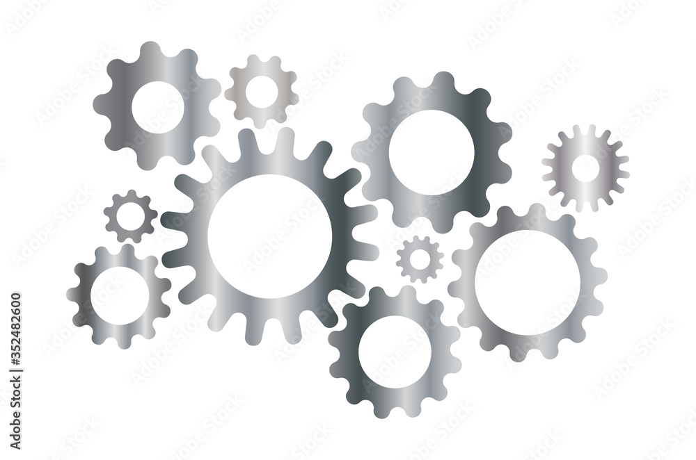 Set of metal gear wheel in grey color on white background, vector illustration. Cog wheels system business organization company concept. Set of metal gear wheel in grey color on white background, vector illustration. Cog wheels system business organization company concept.