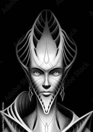 Photos Fantasy character close up, alien, space elf woman, humanoid, with an elongated head, sharp long ears, with earrings, with stripes and folds, with wide collar and long neck, symmetric, no background