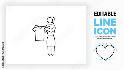 Editable line icon of a stick figure girl working in a clothing store as a retail job, part of a huge collection of stick figures! 