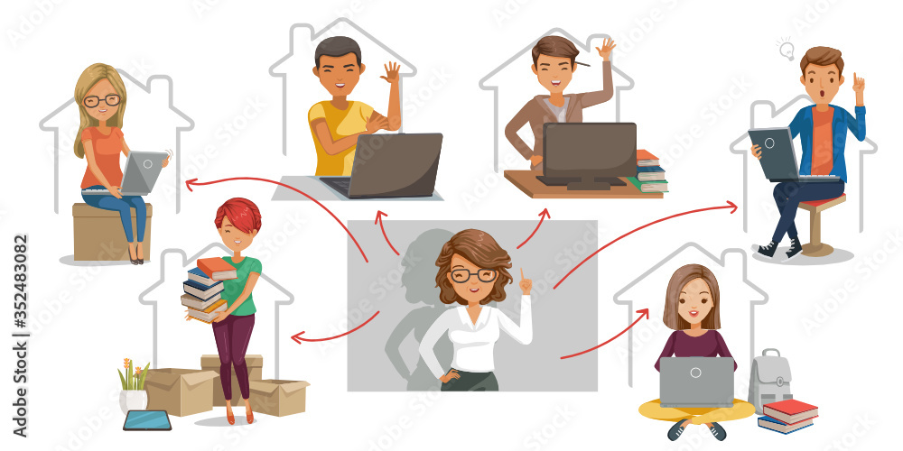e-Learning student concept. Study at home or study online. Illustration for university. Teachers are playing live video teaching students. Children enjoy learning at home.Technology for Education. e-Learning student concept. Study at home or study online. Illustration for university. Teachers are playing live video teaching students. Children enjoy learning at home.Technology for Education.