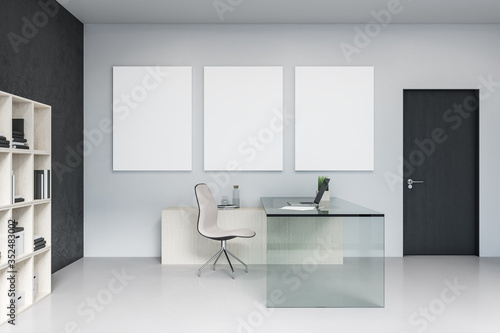 Minimalistic office interior with three blank banners