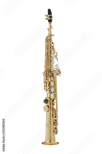 Golden Soprano Saxophone, Music Instrument Isolated on White background