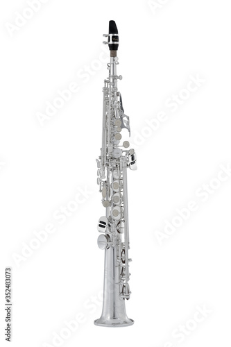 Silver Soprano Saxophone, Music Instrument Isolated on White background