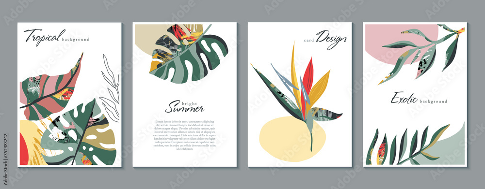 Vector collection of trendy creative cards with floral exotic tropical elements, palm leaves