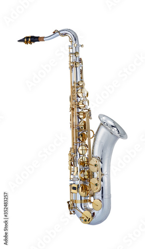 Silver Golden Tenor Saxophone, Woodwind Music Instrument Isolated on White background
